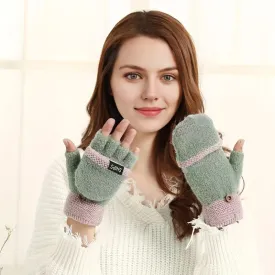 Winter Fashion Knit Polyester Flip Mittens for Women - Touch Screen Compatible Warm Half-Finger Gloves with Convertible Cover, Hand Washable - Cozy Elastic Handwear for Casual Wear