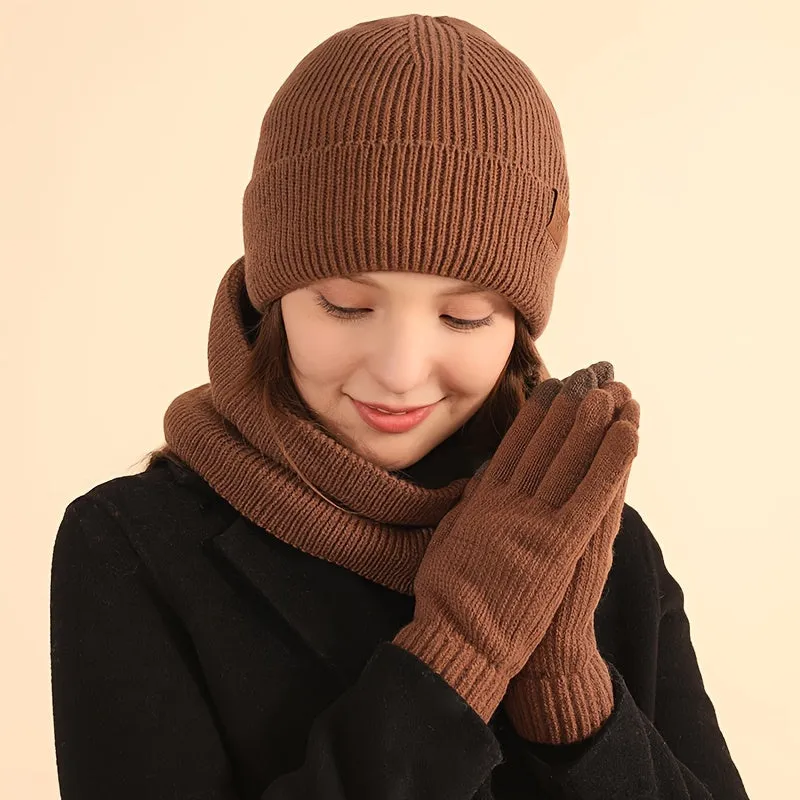 3pcs Winter Scarf Gloves Beanie Set Solid Color Knit Hats Beanies Elastic Knitted Gloves Warm Neck Gaiter Knit Infinity Scarves For Women Men