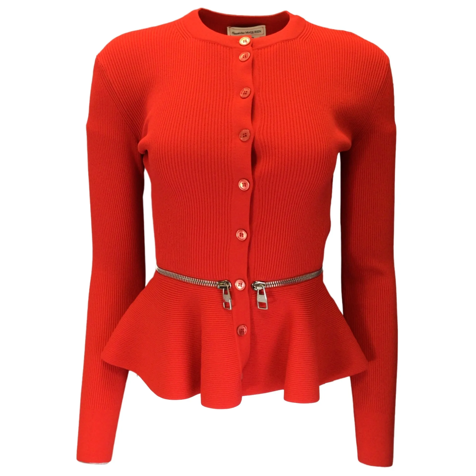 Alexander McQueen Red / Silver Zipper Detail Peplum Hem Cardigan Sweater