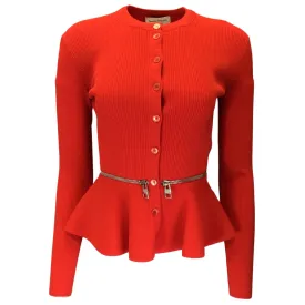 Alexander McQueen Red / Silver Zipper Detail Peplum Hem Cardigan Sweater