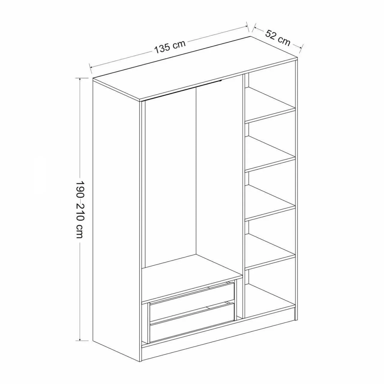 Armadio da camera stile classico 3 ante con specchio e 2 cassetti cm 135x52x210h