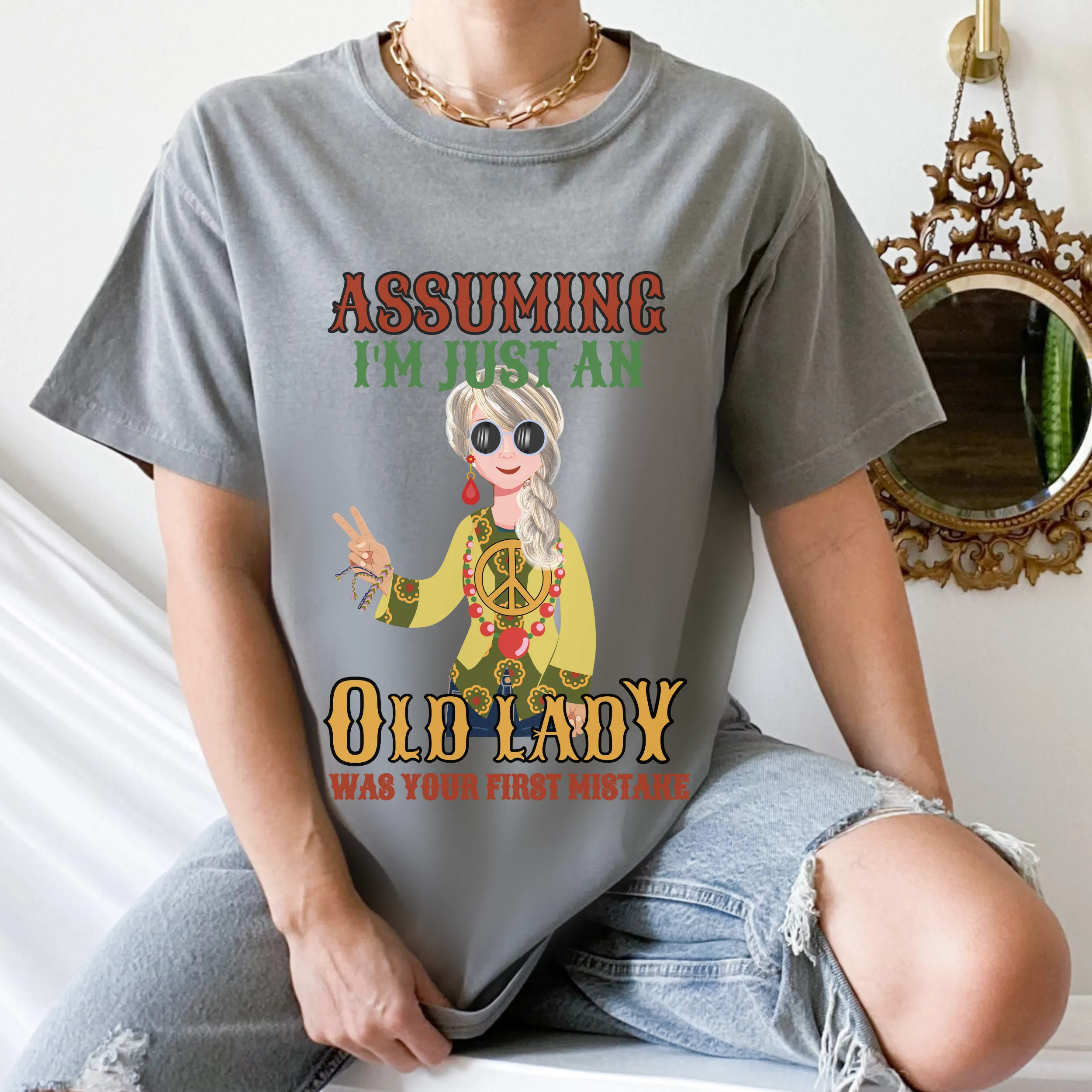 Assuming I'm Just An Old Lady Unisex Comfort Colors® T-shirt, Women's Retro, Funny T-Shirt, Black, Pepper Grey or White