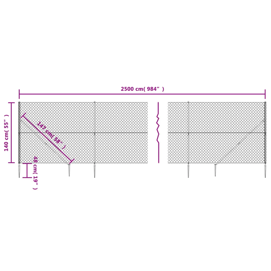 Chain Link Fence with Spike Anchors Silver 1.4x25 m