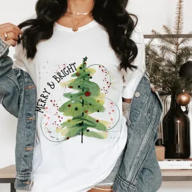 Comfort Colors® Christmas Merry and Bright T-shirt in Mustard, Crimson and White Christmas Watercolor Tree Soft Relaxed Fit Tee