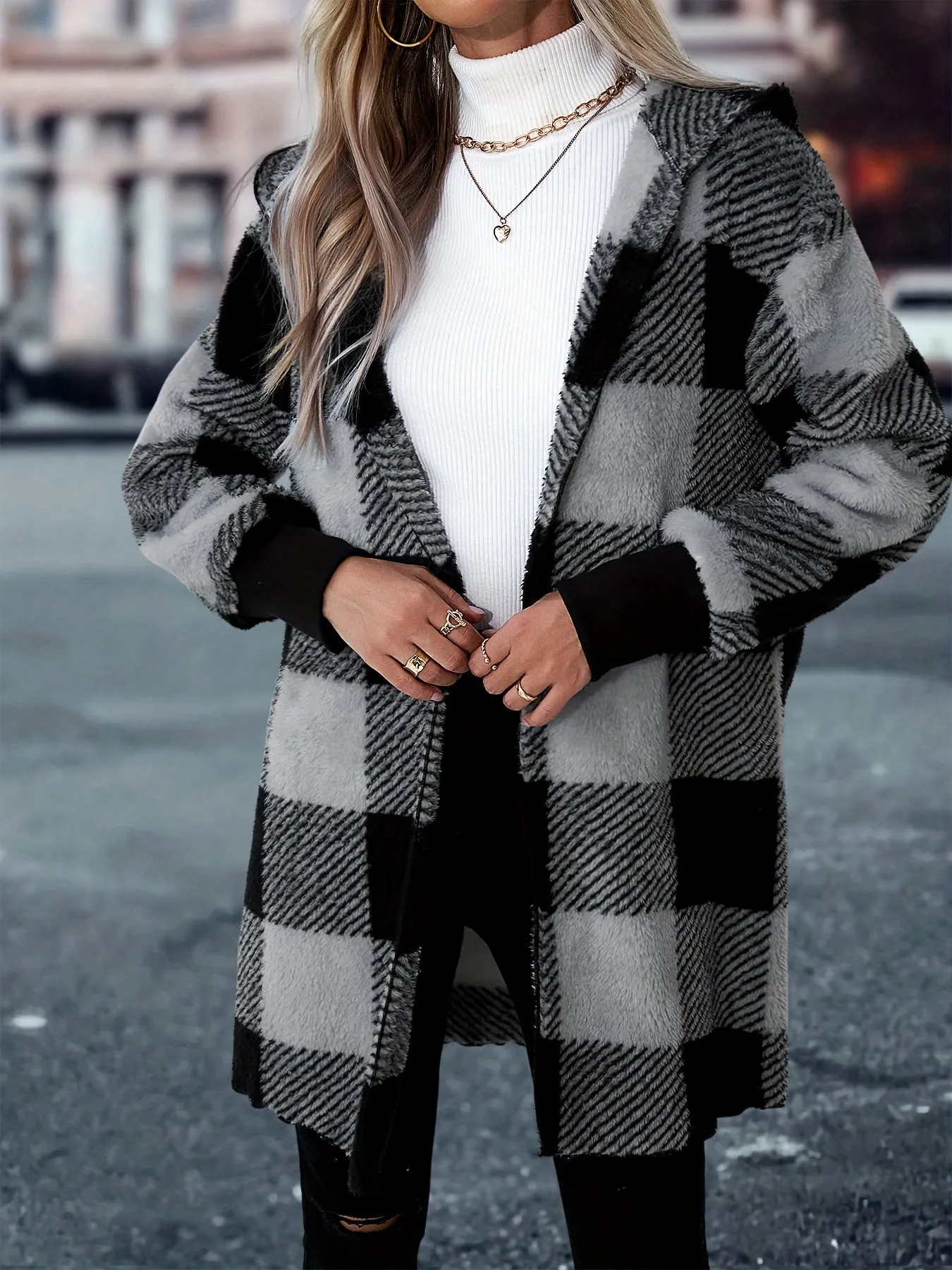 Cozy Plaid Hooded Coat Stylish Womens Outerwear for Fall