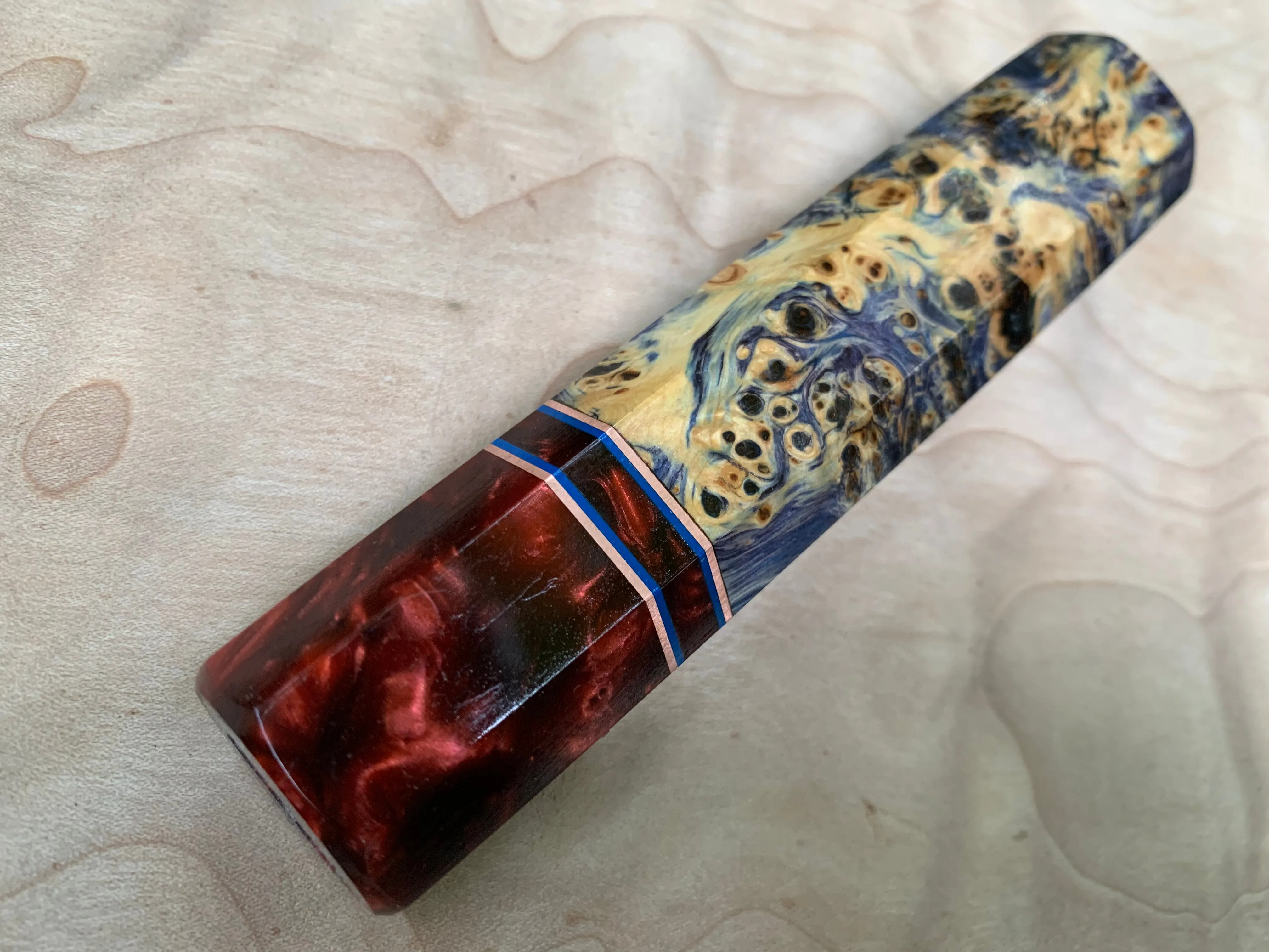 Custom Japanese Knife handle (wa handle) - Blue dyed yellow cedar with red