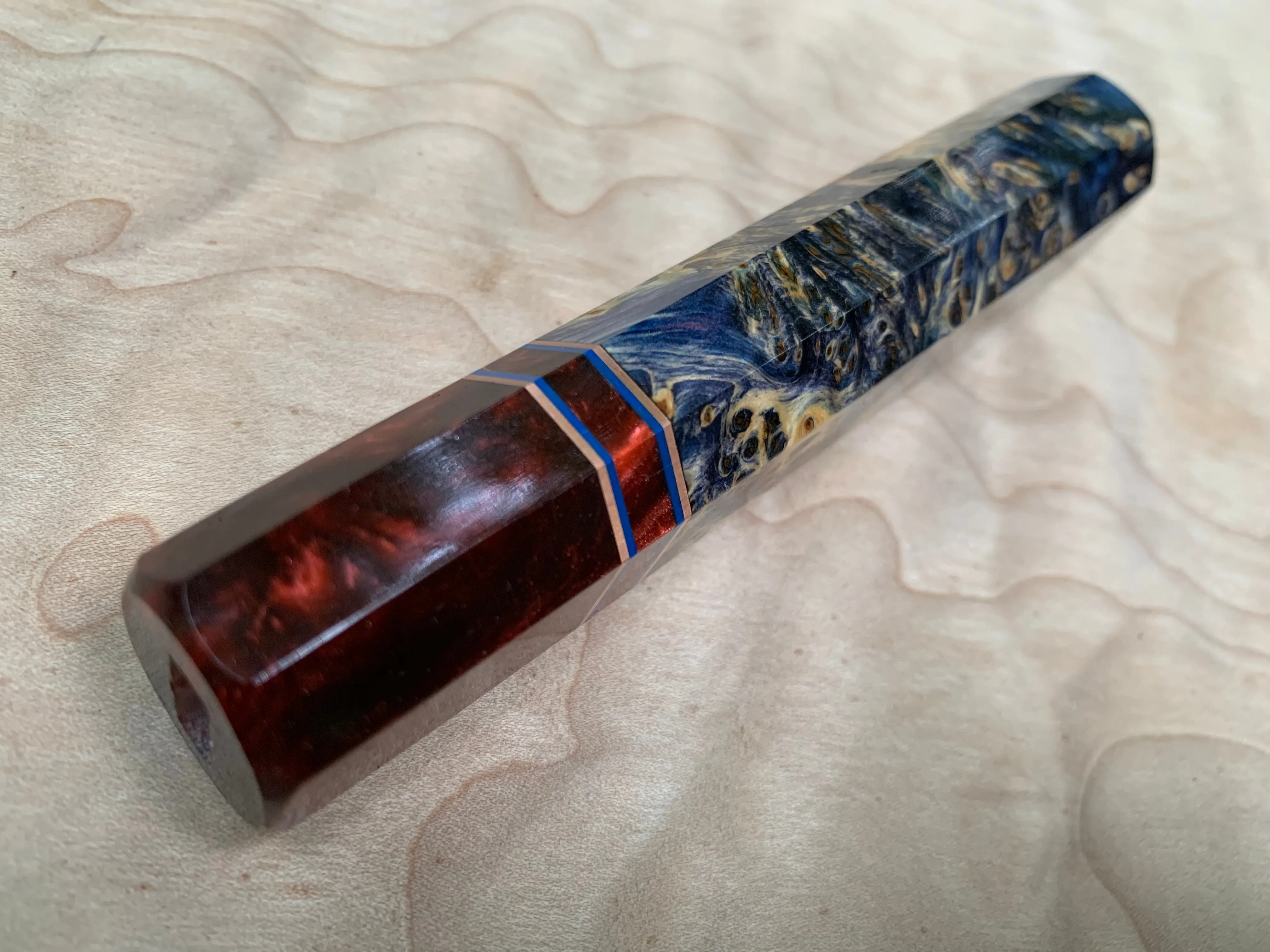 Custom Japanese Knife handle (wa handle) - Blue dyed yellow cedar with red