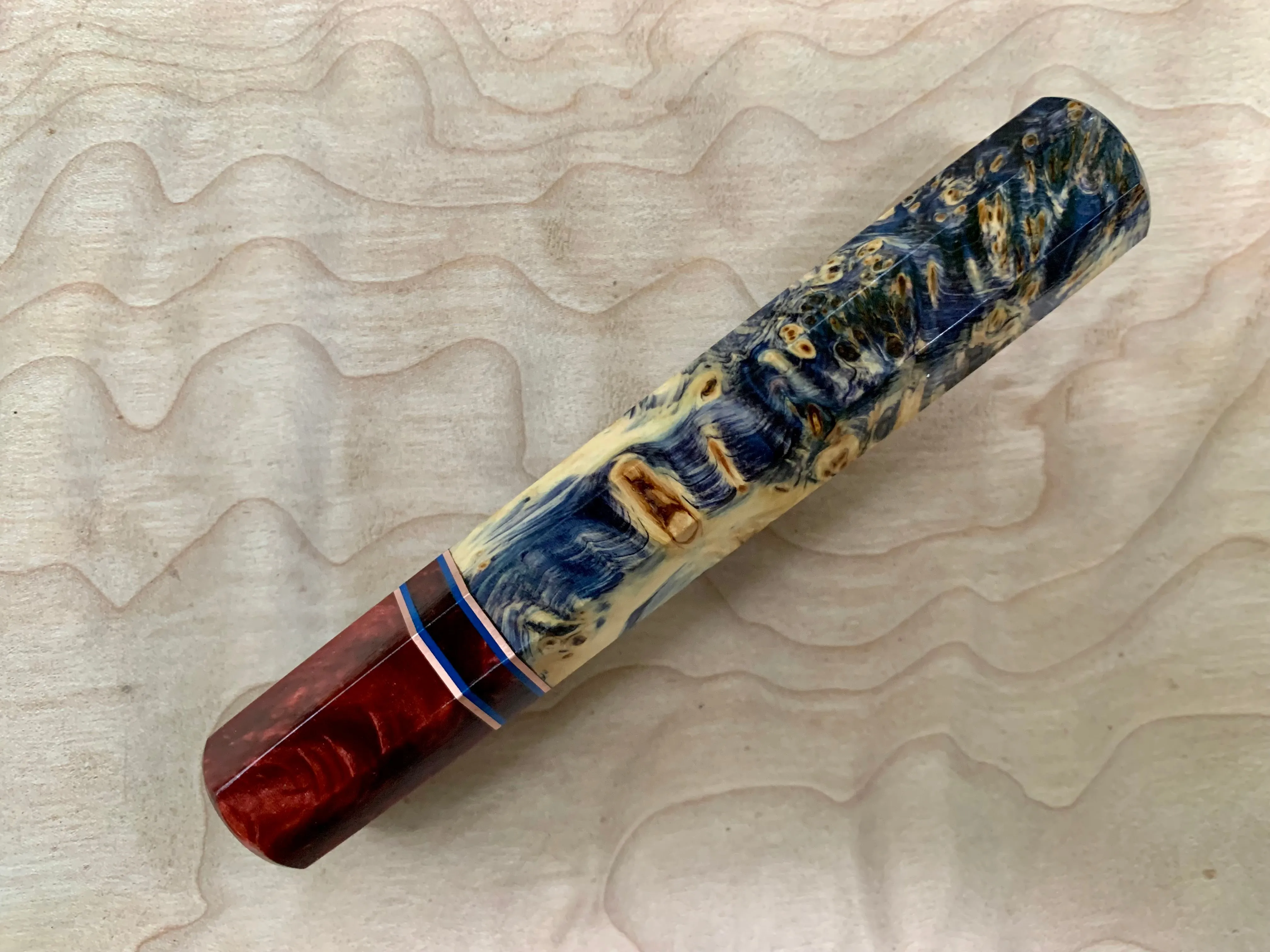 Custom Japanese Knife handle (wa handle) - Blue dyed yellow cedar with red