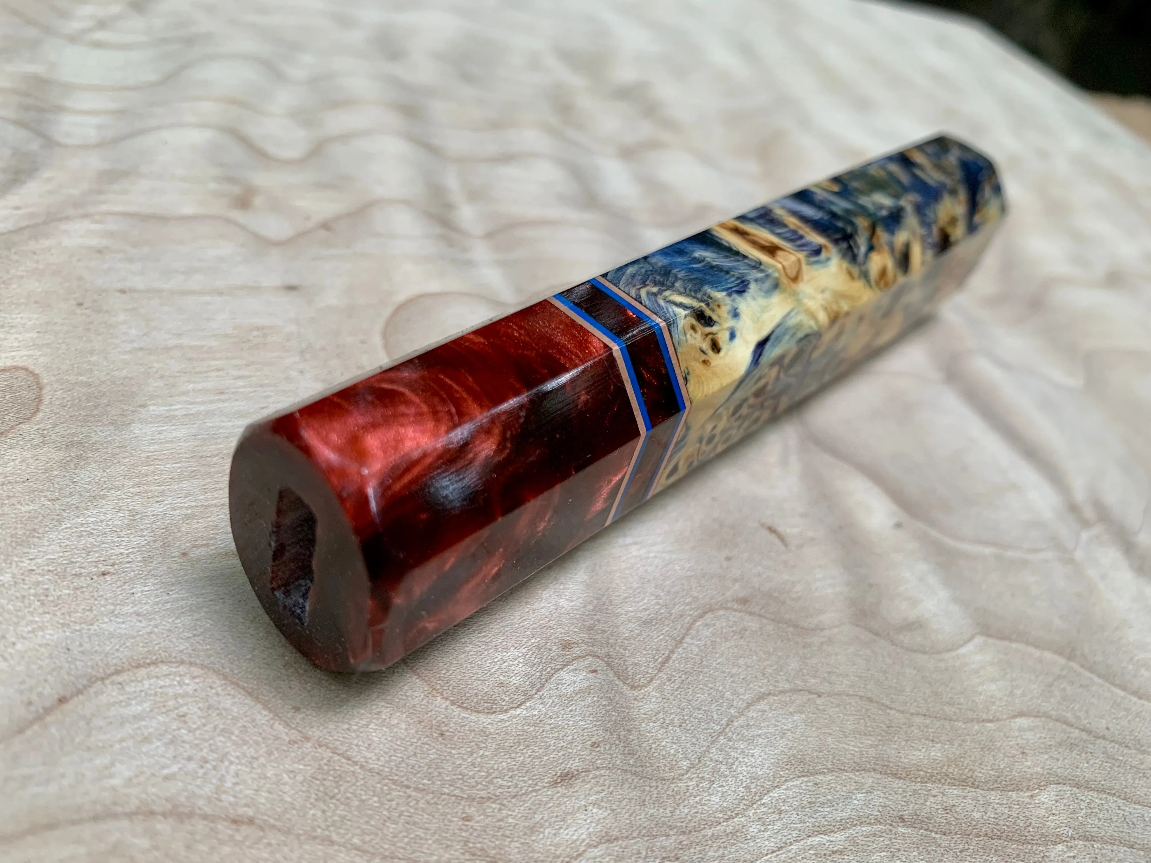 Custom Japanese Knife handle (wa handle) - Blue dyed yellow cedar with red