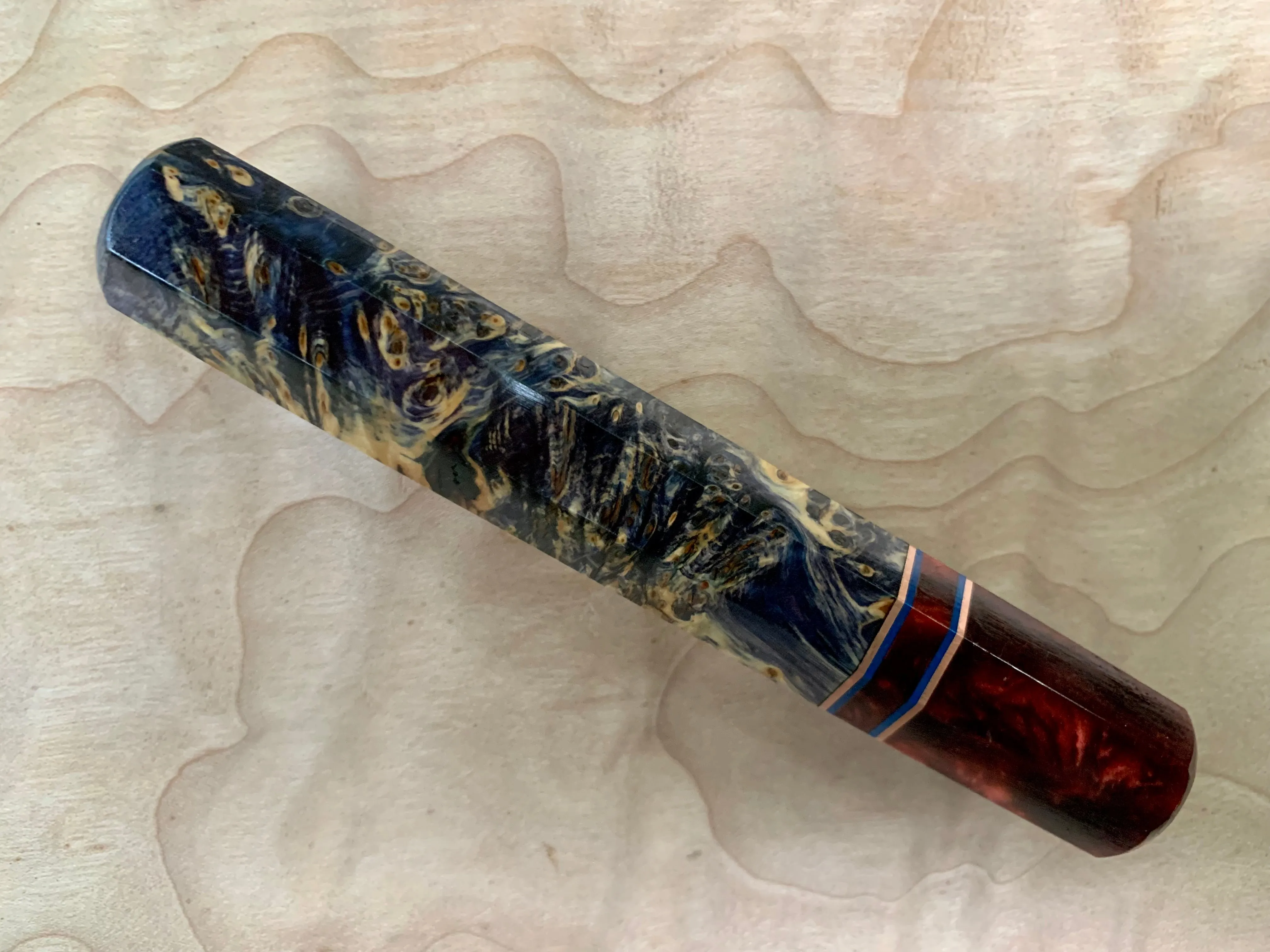 Custom Japanese Knife handle (wa handle) - Blue dyed yellow cedar with red