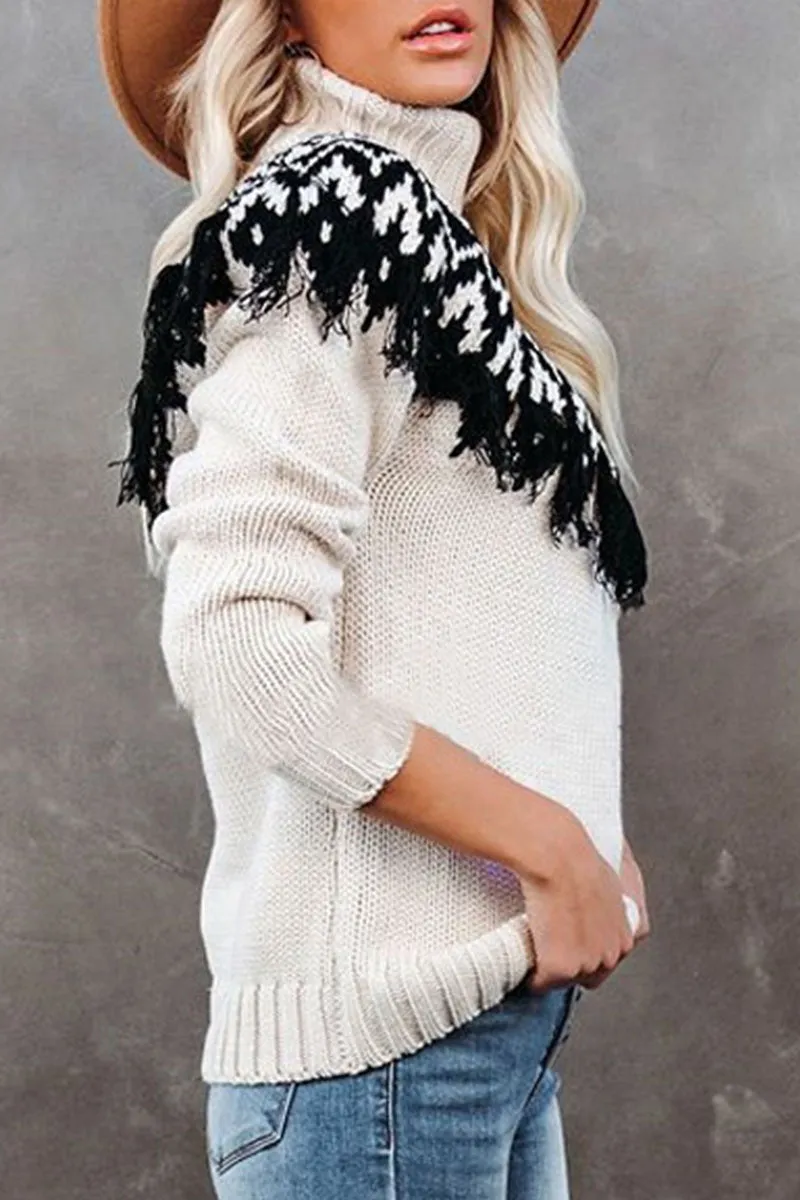 Fashion Street Print Tassel Turtleneck Sweaters