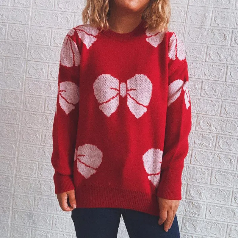 Fawn bell round neck long sleeve red christmas sweater