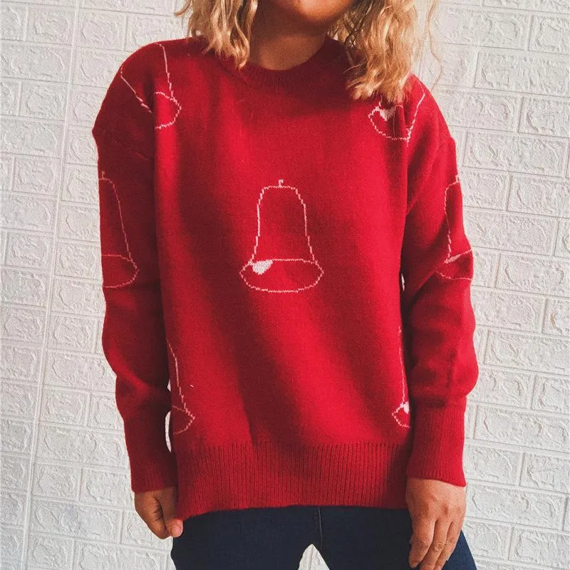 Fawn bell round neck long sleeve red christmas sweater