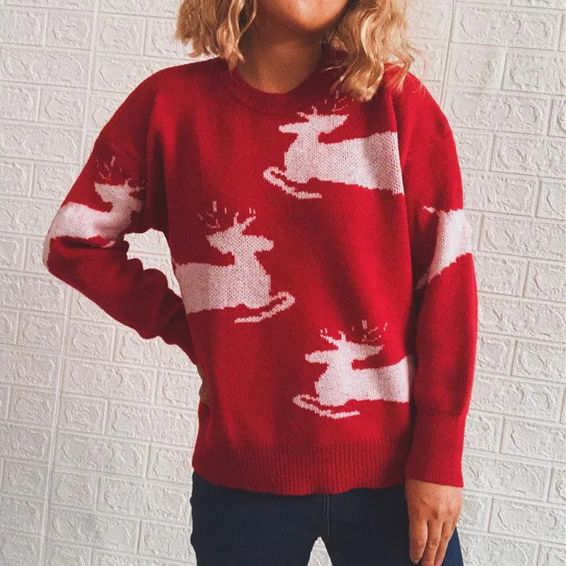 Fawn bell round neck long sleeve red christmas sweater