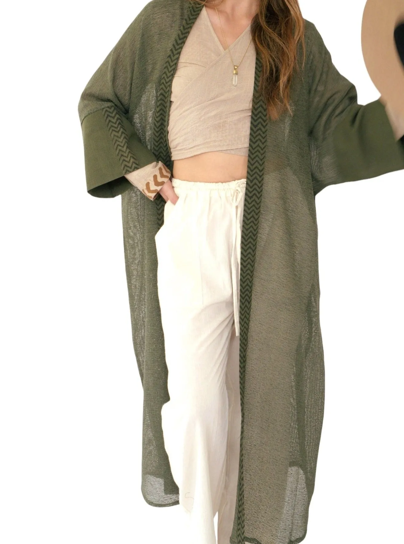 Forest Green Organic Cotton Mesh Long Kimono