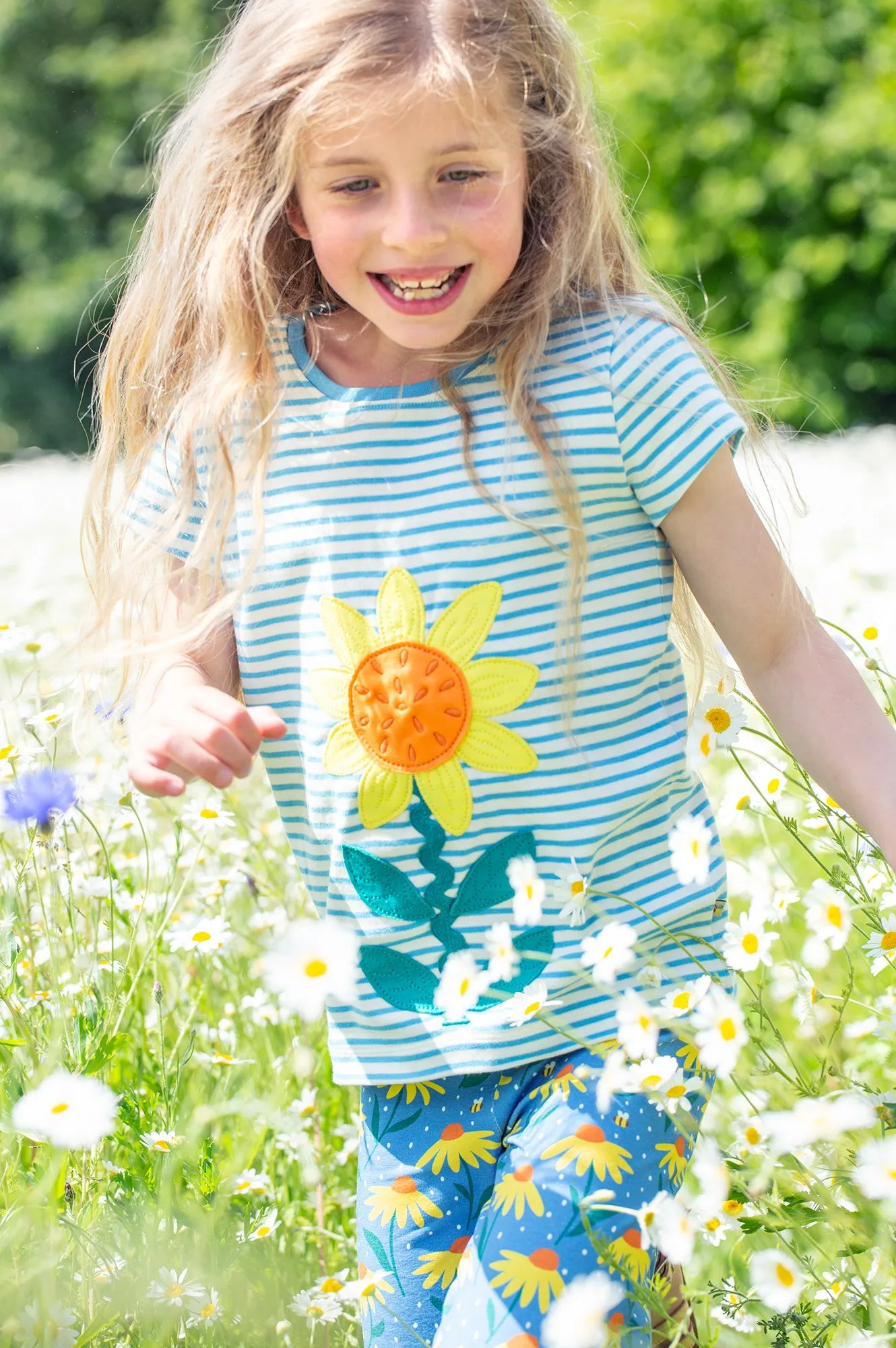 Frugi Camille Applique T Shirt Stripe Echinacea