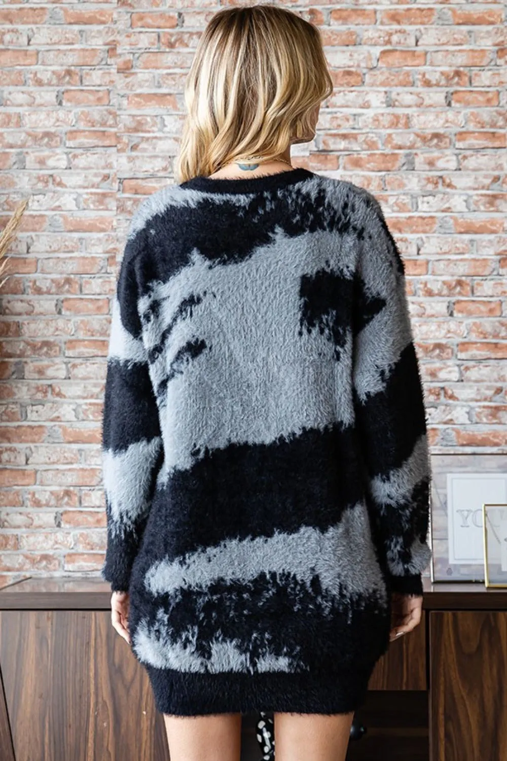 Full Size Abstract Pattern Contrast Feather Yarn Sweater