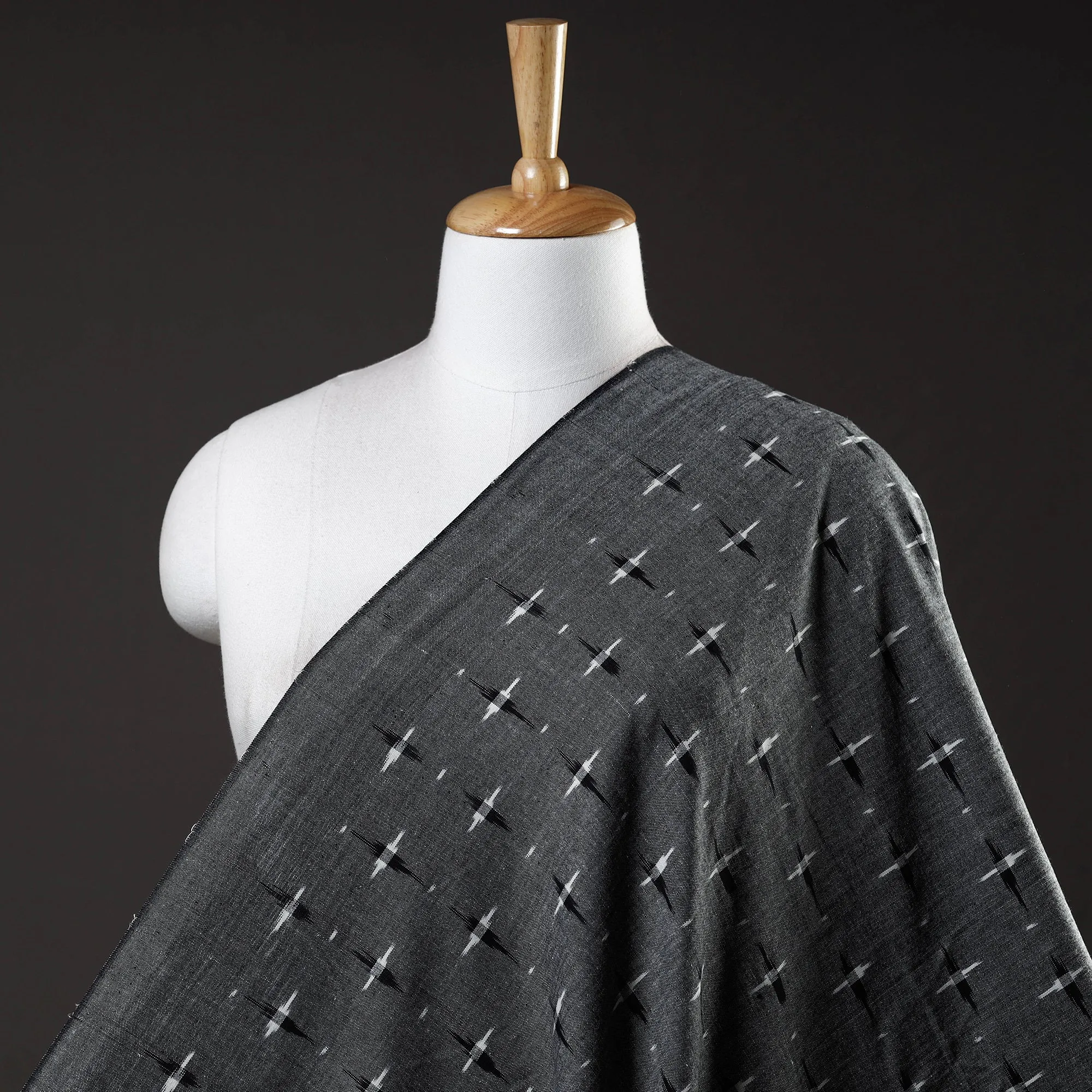 Grey with Black & White Handloom Cotton Pochampally Double Ikat Fabric