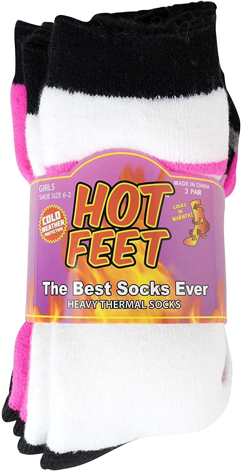 Hot Feet Girl's 3 Pairs Thermal Indoor Slipper Socks, with Gripper bottoms - Thick Brush Inner Insulated