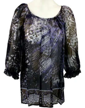 Karen Kane 100% Silk Blue Geometric Print, 3/4 sleeves Round Neck, Blouson Top