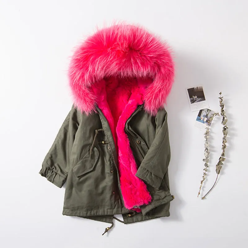 Kids Green Parka - Hot Pink Fur