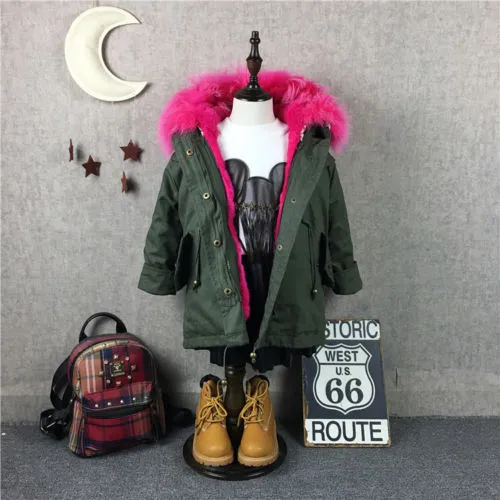 Kids Green Parka - Hot Pink Fur