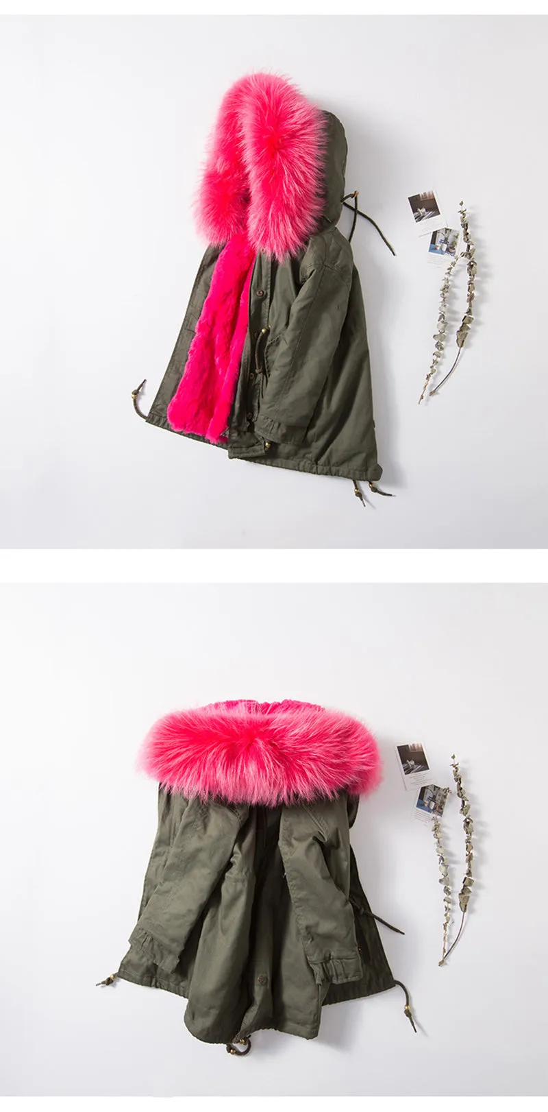 Kids Green Parka - Hot Pink Fur