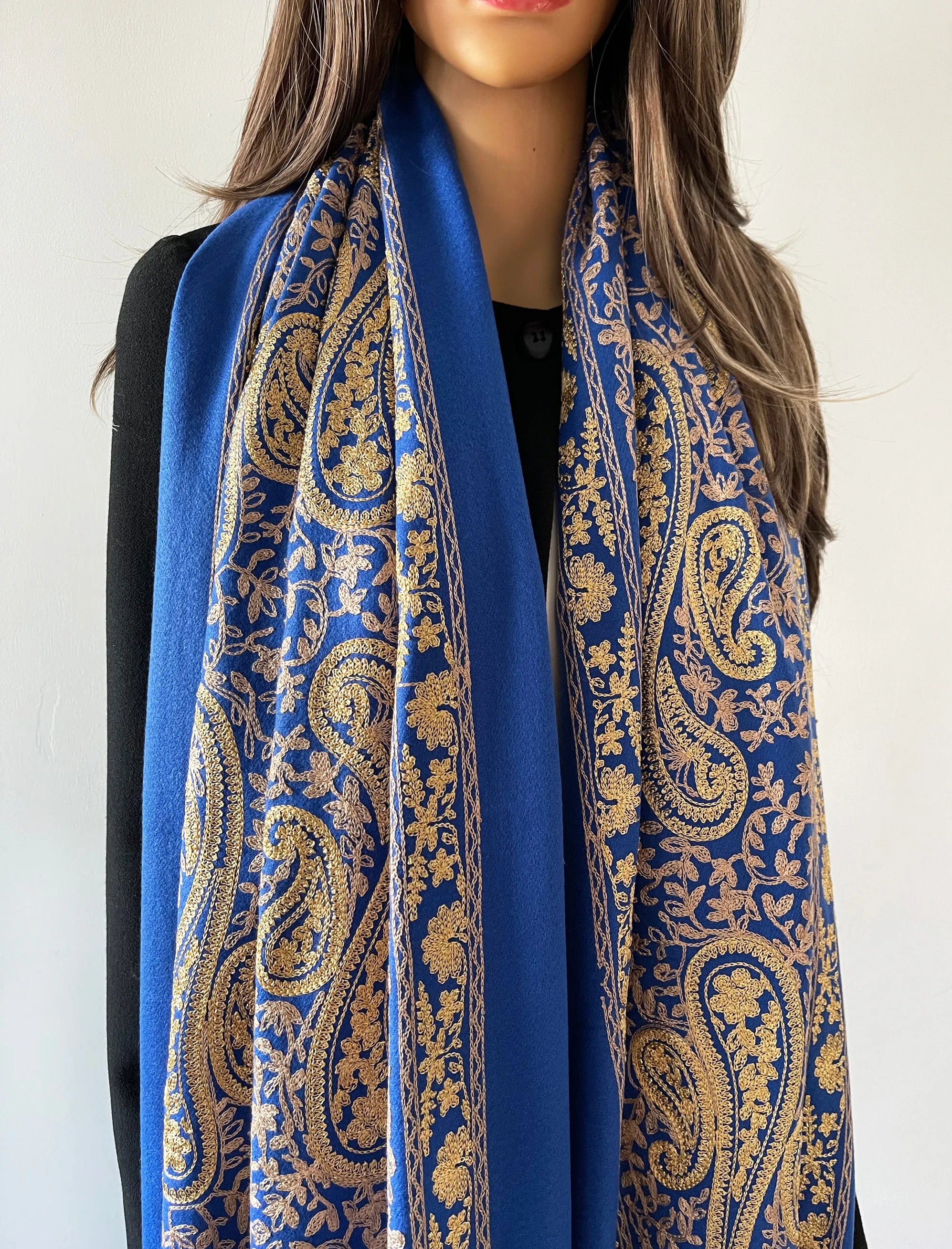 LARGE BLUE PAISLEY CASHMERE COTTON BLEND WINTER SHAWL BLANKET SCARF