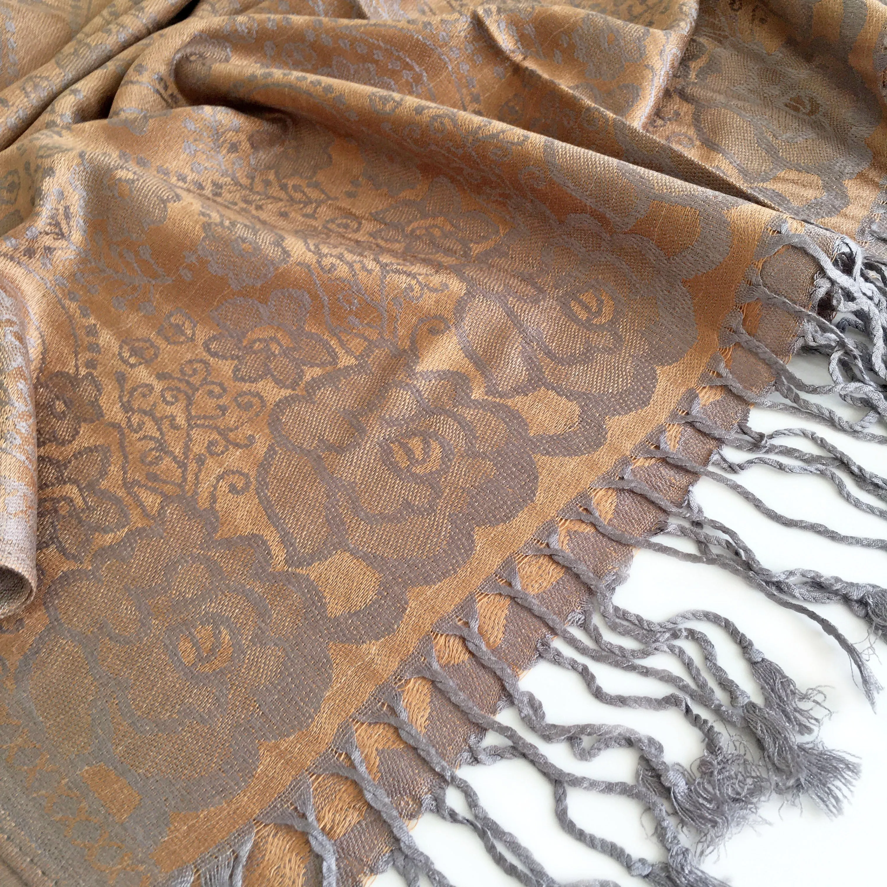 LARGE BRONZE GOLD SWIRL FLORAL PRINT REVERSIBLE PASHMINA SHAWL SCARF