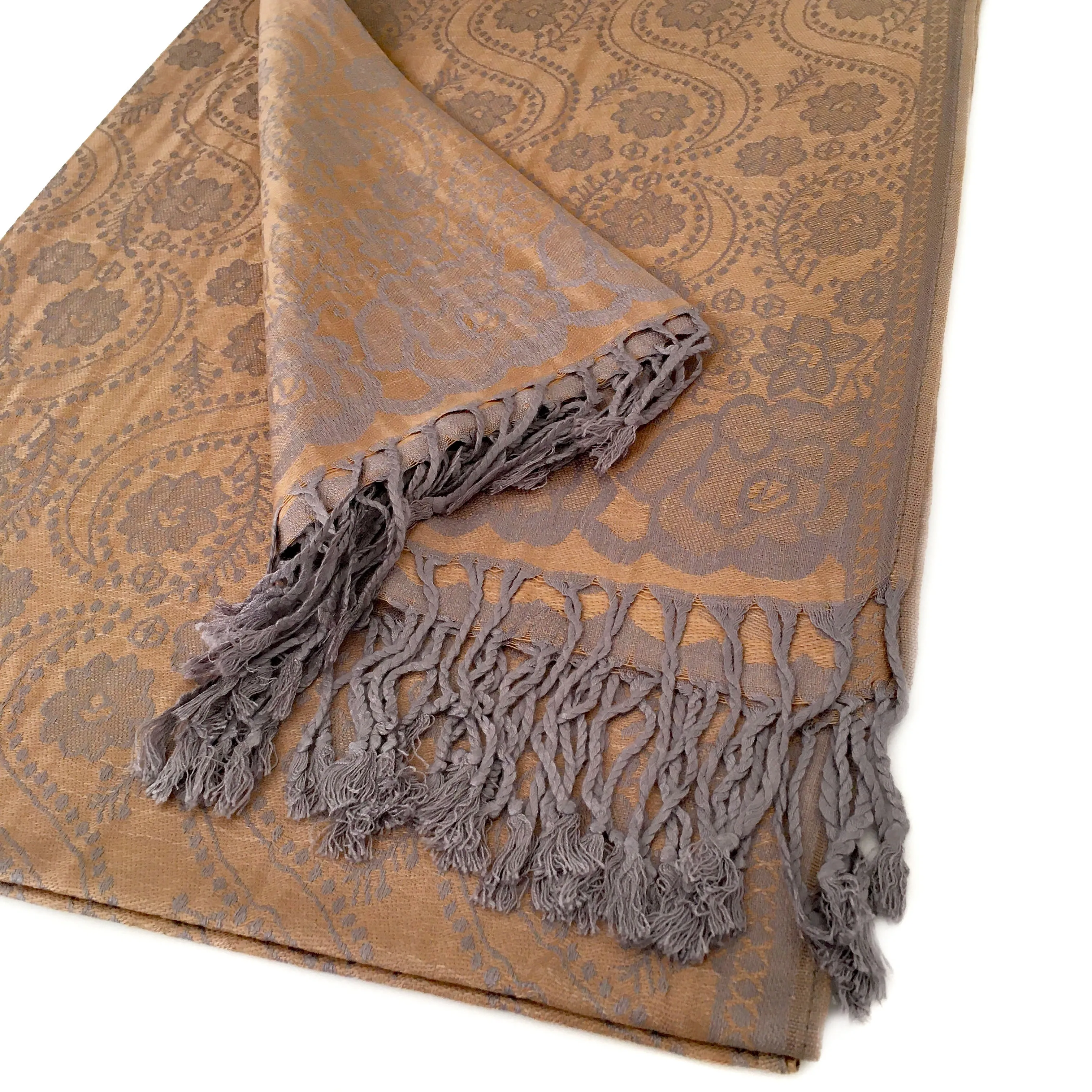 LARGE BRONZE GOLD SWIRL FLORAL PRINT REVERSIBLE PASHMINA SHAWL SCARF