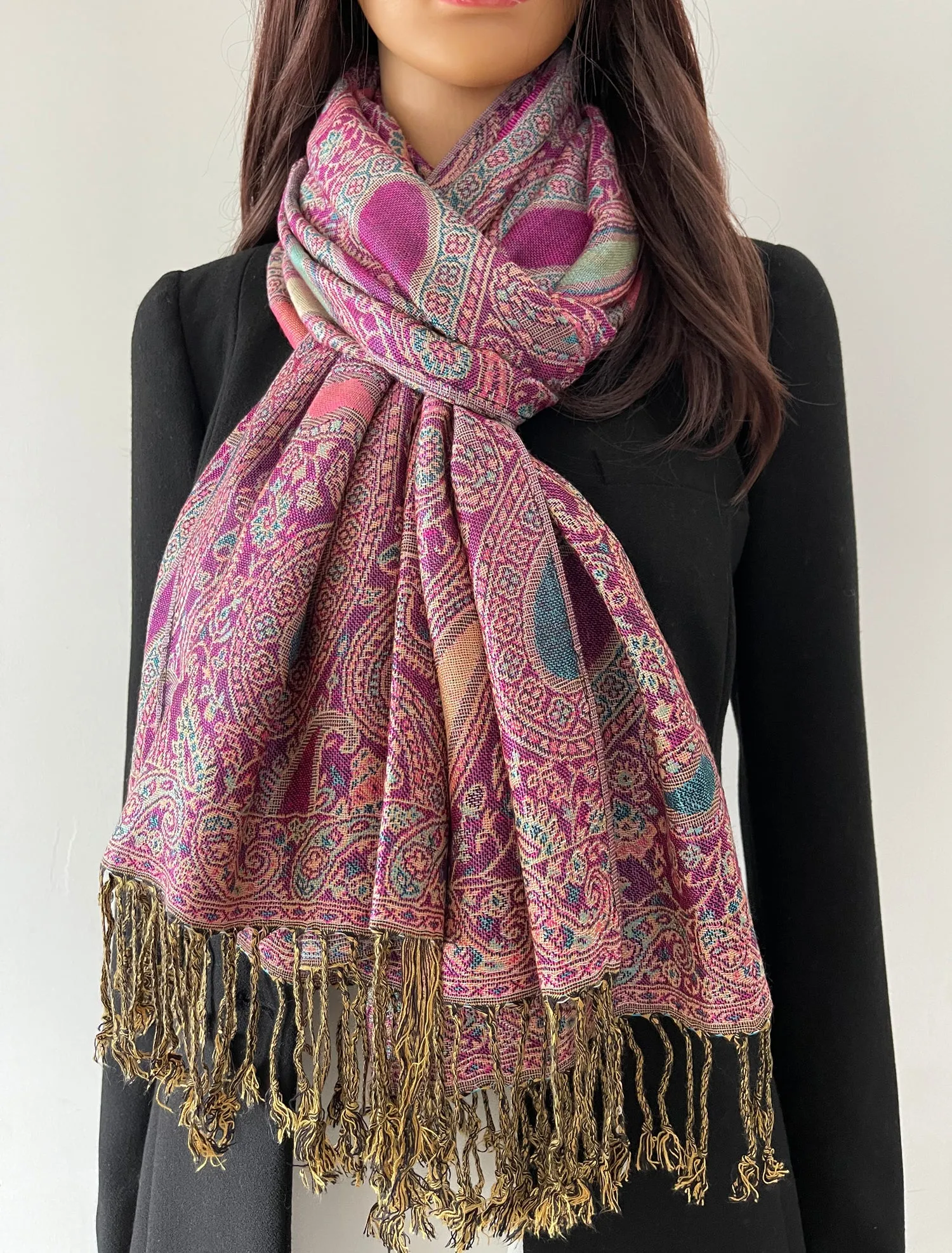 LARGE FUSCHIA PINK MULTI COLOUR PAISLEY PRINT PASHMINA SHAWL SCARF