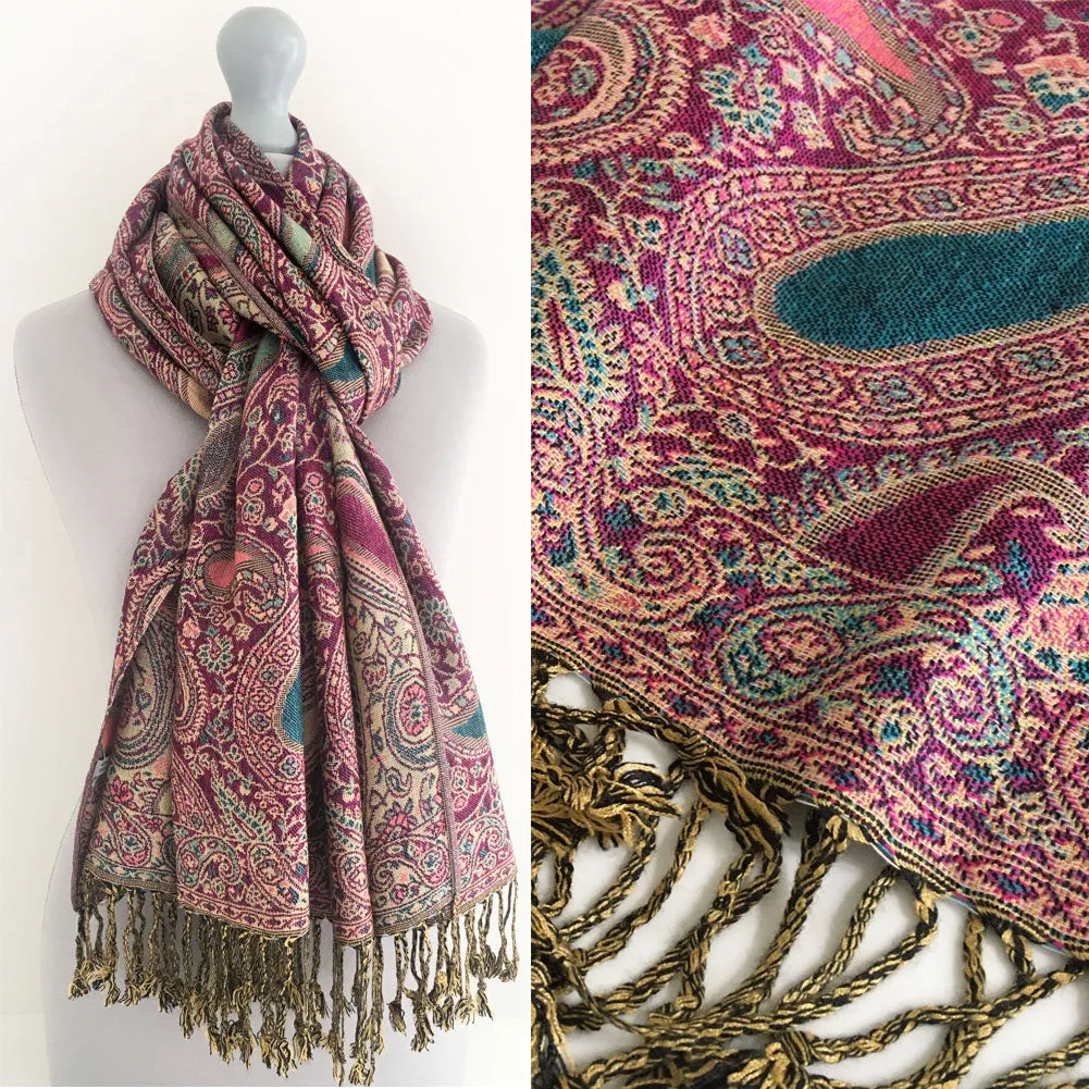 LARGE FUSCHIA PINK MULTI COLOUR PAISLEY PRINT PASHMINA SHAWL SCARF