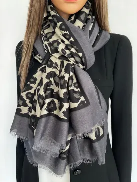 LARGE GREY STRIPE LEOPARD PRINT SHAWL SCARF