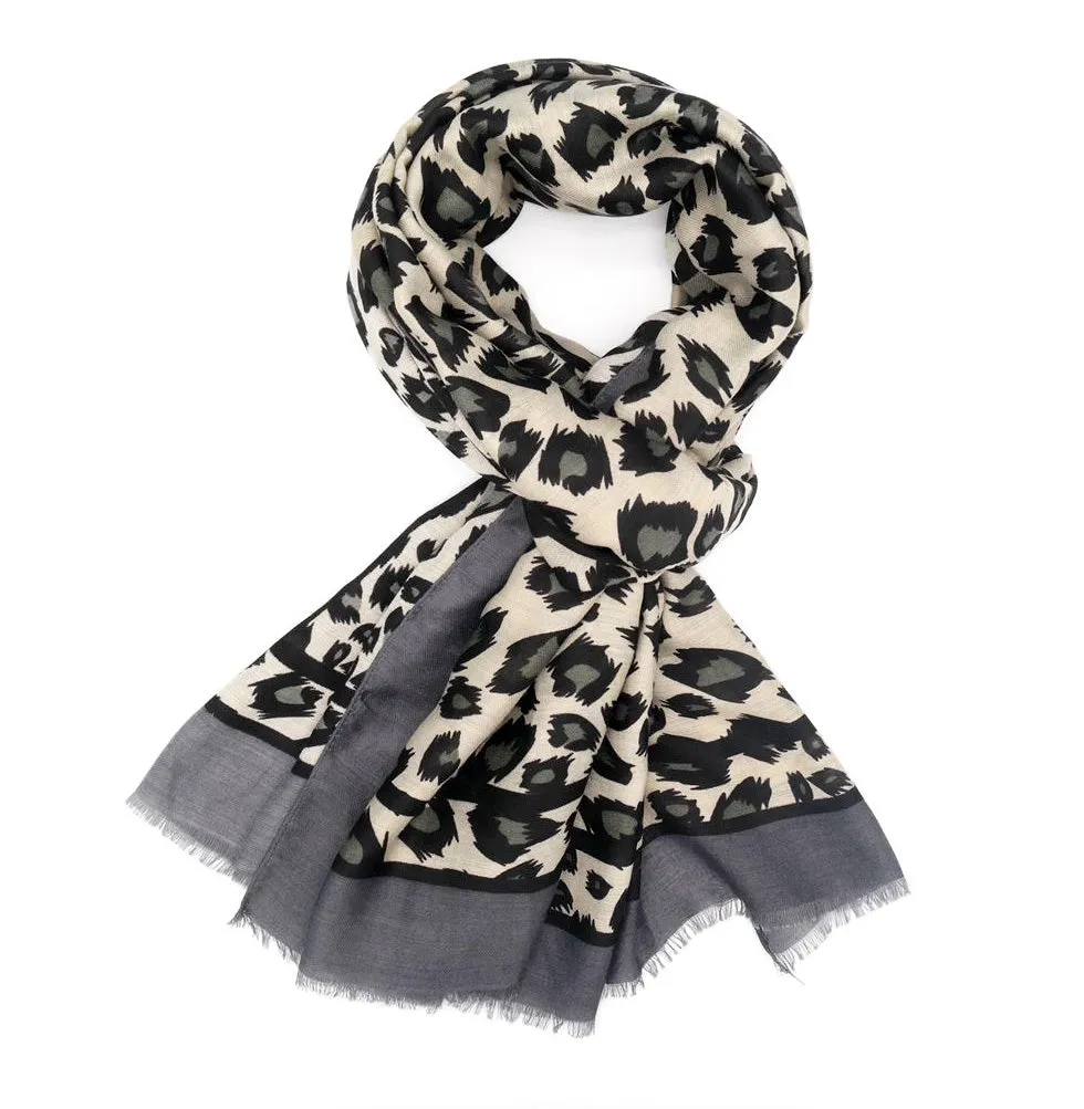 LARGE GREY STRIPE LEOPARD PRINT SHAWL SCARF