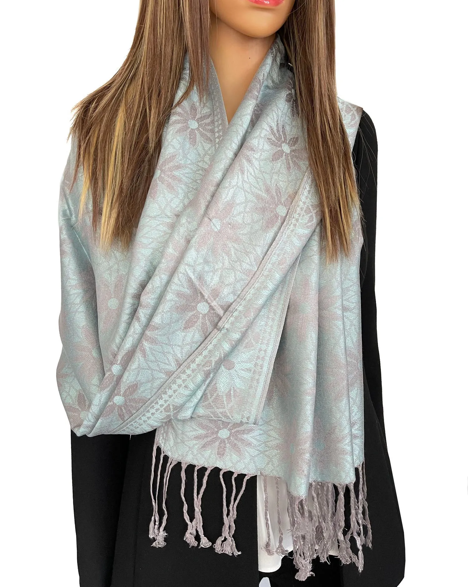 LARGE PASTEL BLUE FLORAL DAISY PRINT GEOMETRIC REVERSIBLE PASHMINA SHAWL SCARF