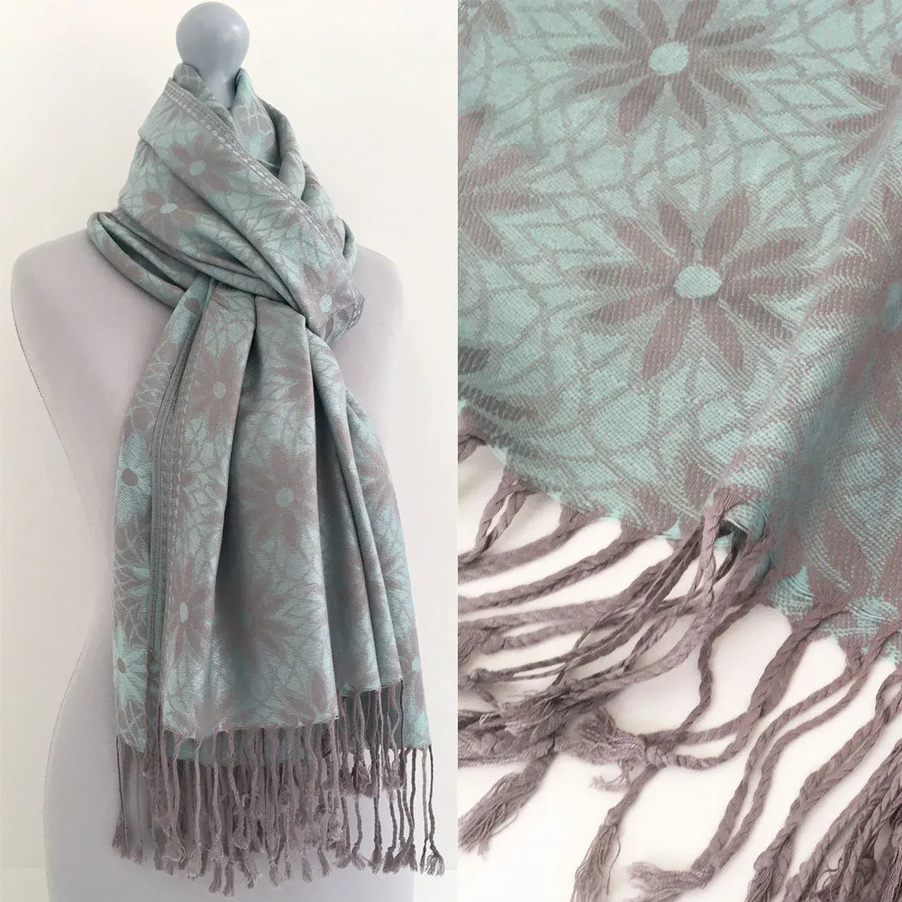 LARGE PASTEL BLUE FLORAL DAISY PRINT GEOMETRIC REVERSIBLE PASHMINA SHAWL SCARF