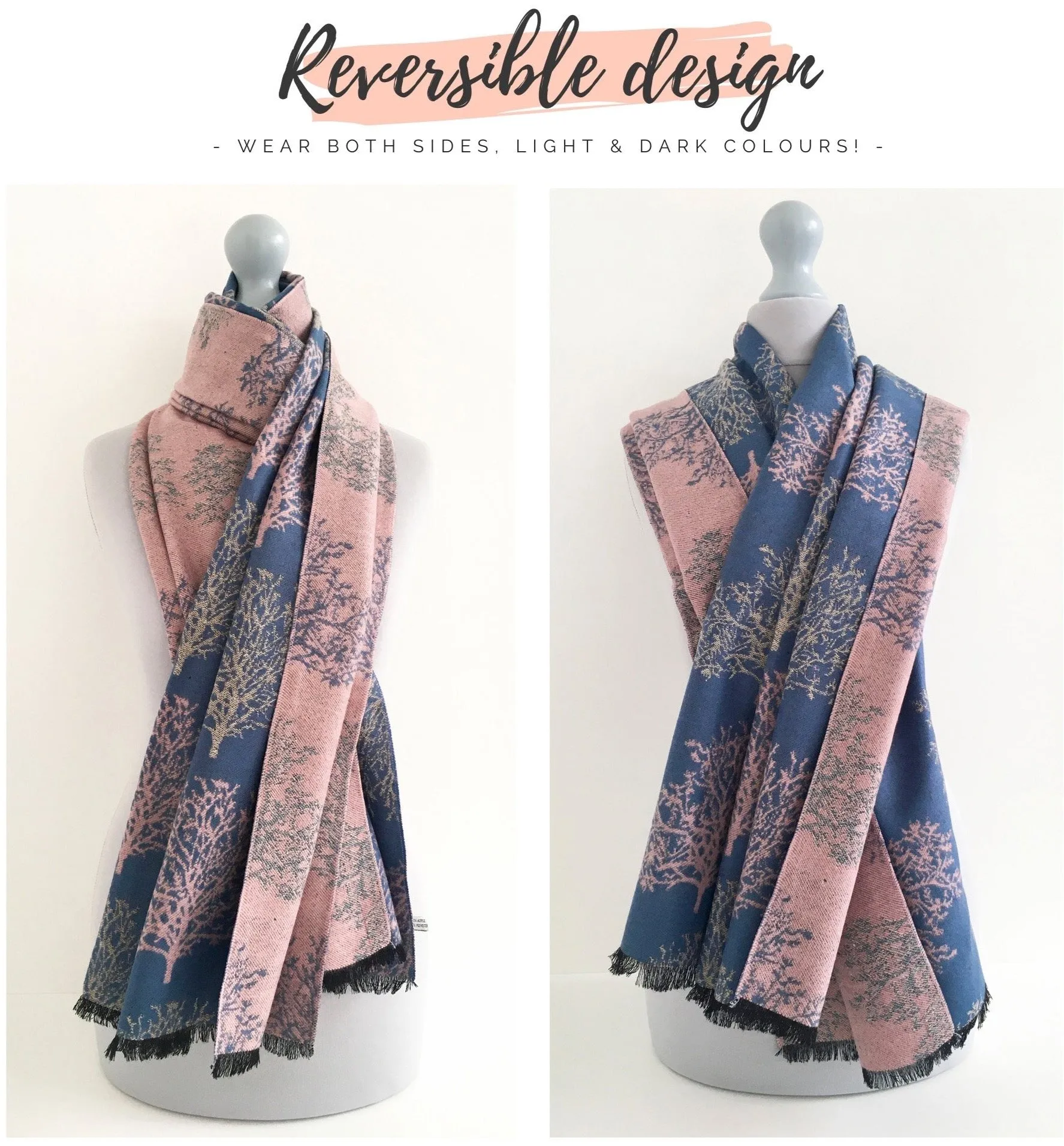 LARGE THICK BLUE BLUSH TREE REVERSIBLE WINTER SHAWL BLANKET SCARF