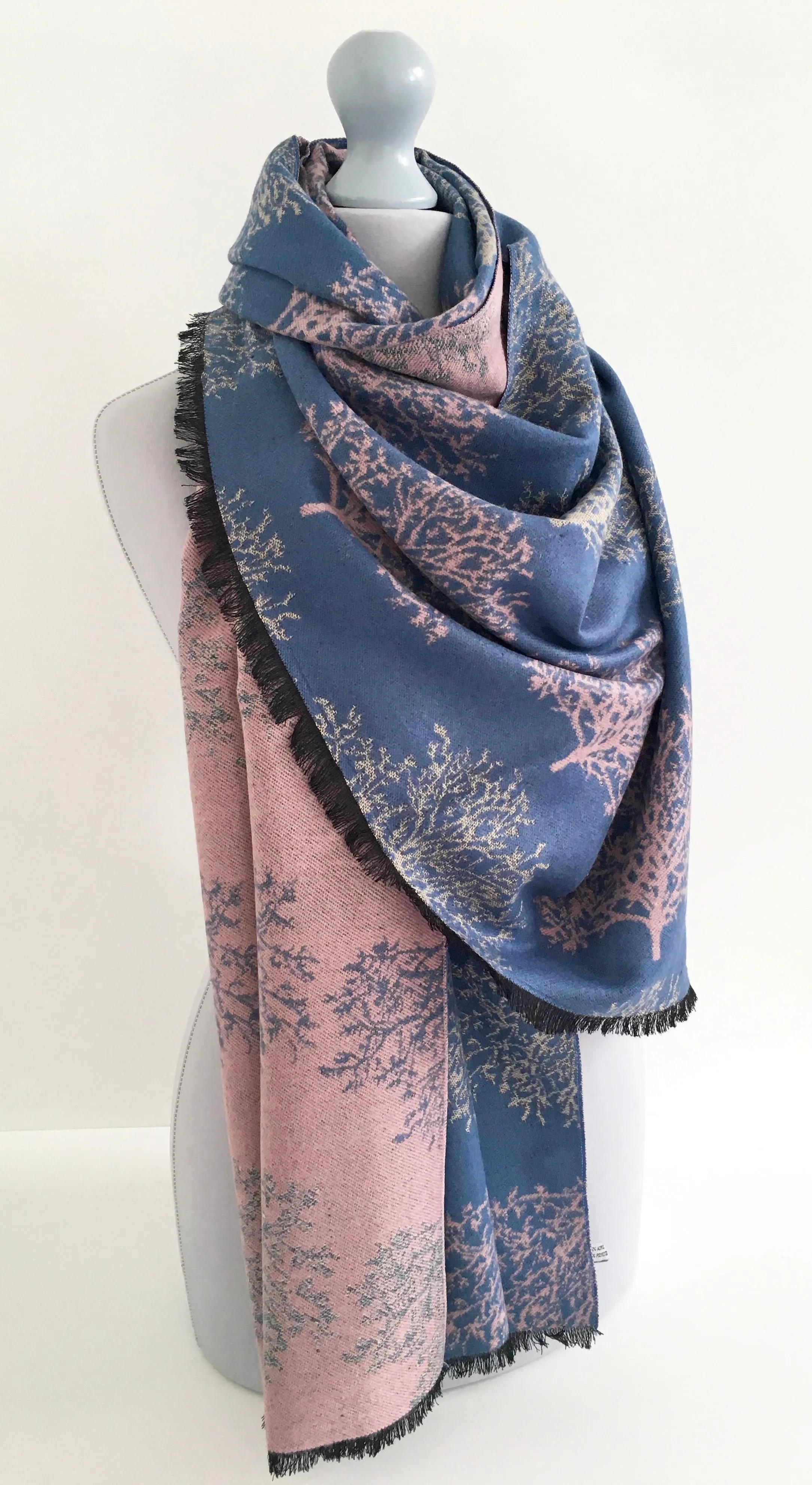 LARGE THICK BLUE BLUSH TREE REVERSIBLE WINTER SHAWL BLANKET SCARF