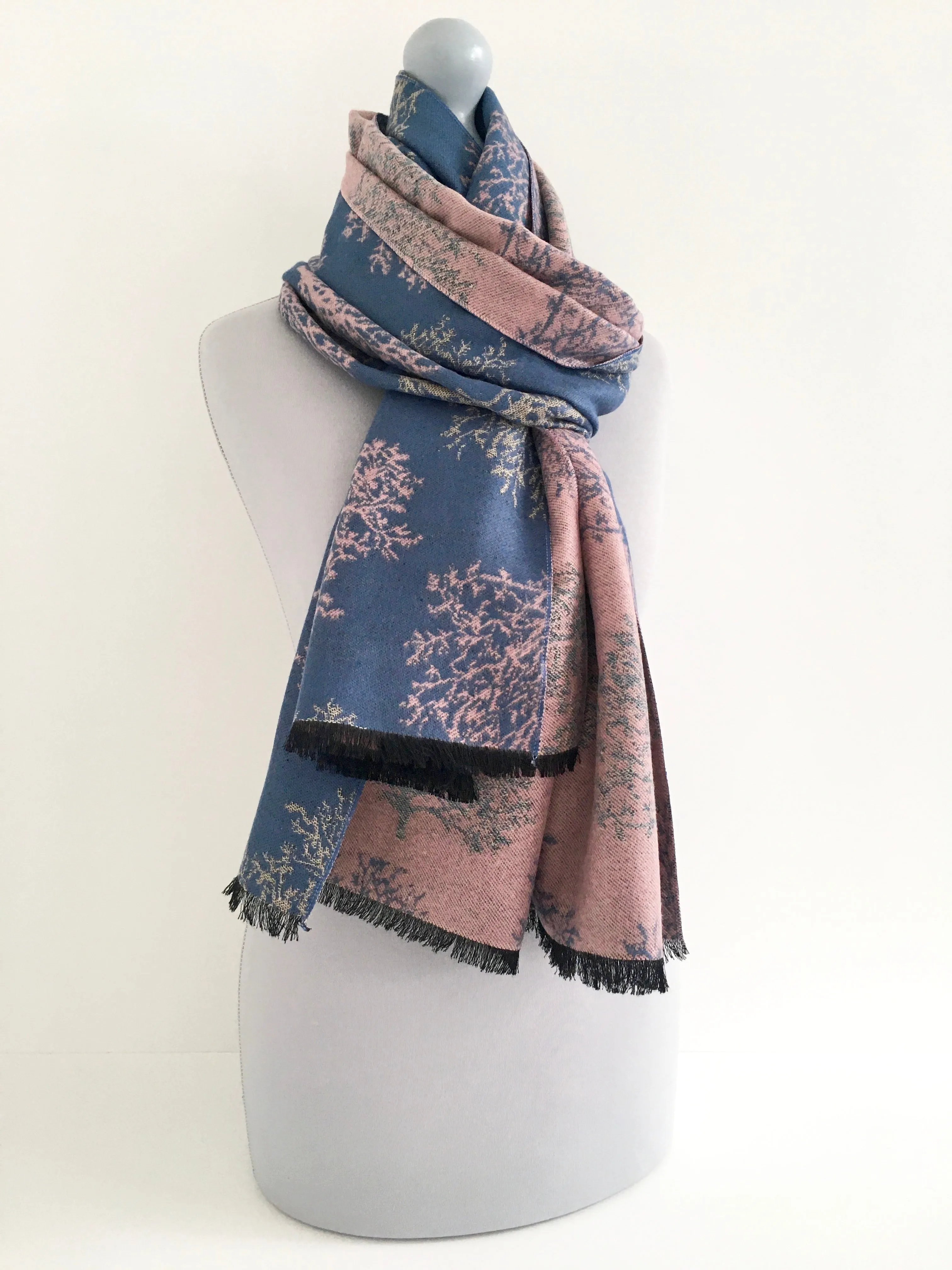 LARGE THICK BLUE BLUSH TREE REVERSIBLE WINTER SHAWL BLANKET SCARF