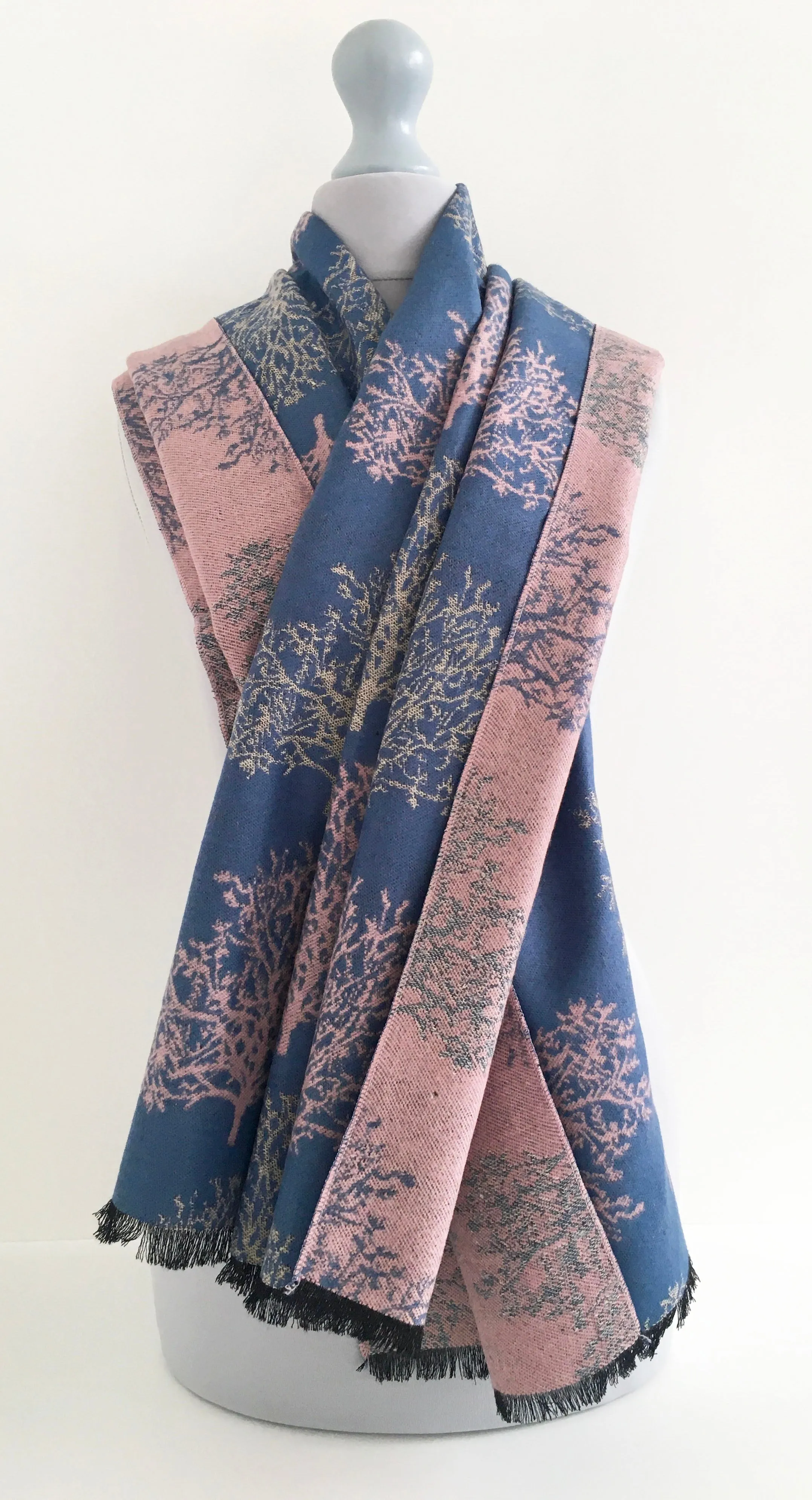 LARGE THICK BLUE BLUSH TREE REVERSIBLE WINTER SHAWL BLANKET SCARF