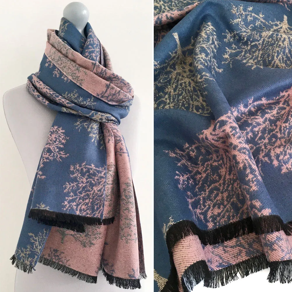 LARGE THICK BLUE BLUSH TREE REVERSIBLE WINTER SHAWL BLANKET SCARF