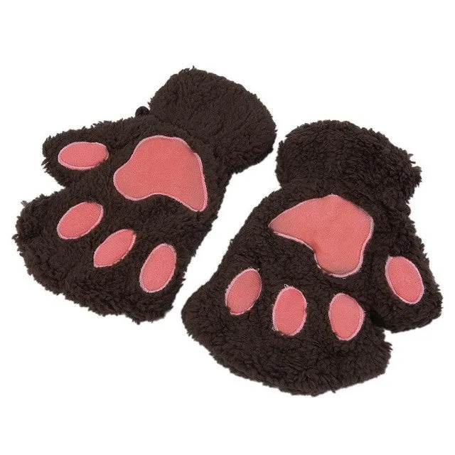 Lovely Women Bear Cat Claw Paw Mitten Plush Gloves Winter Half Finger Fingerless Gloves Mittens Ladies Half Cover Female Gloves