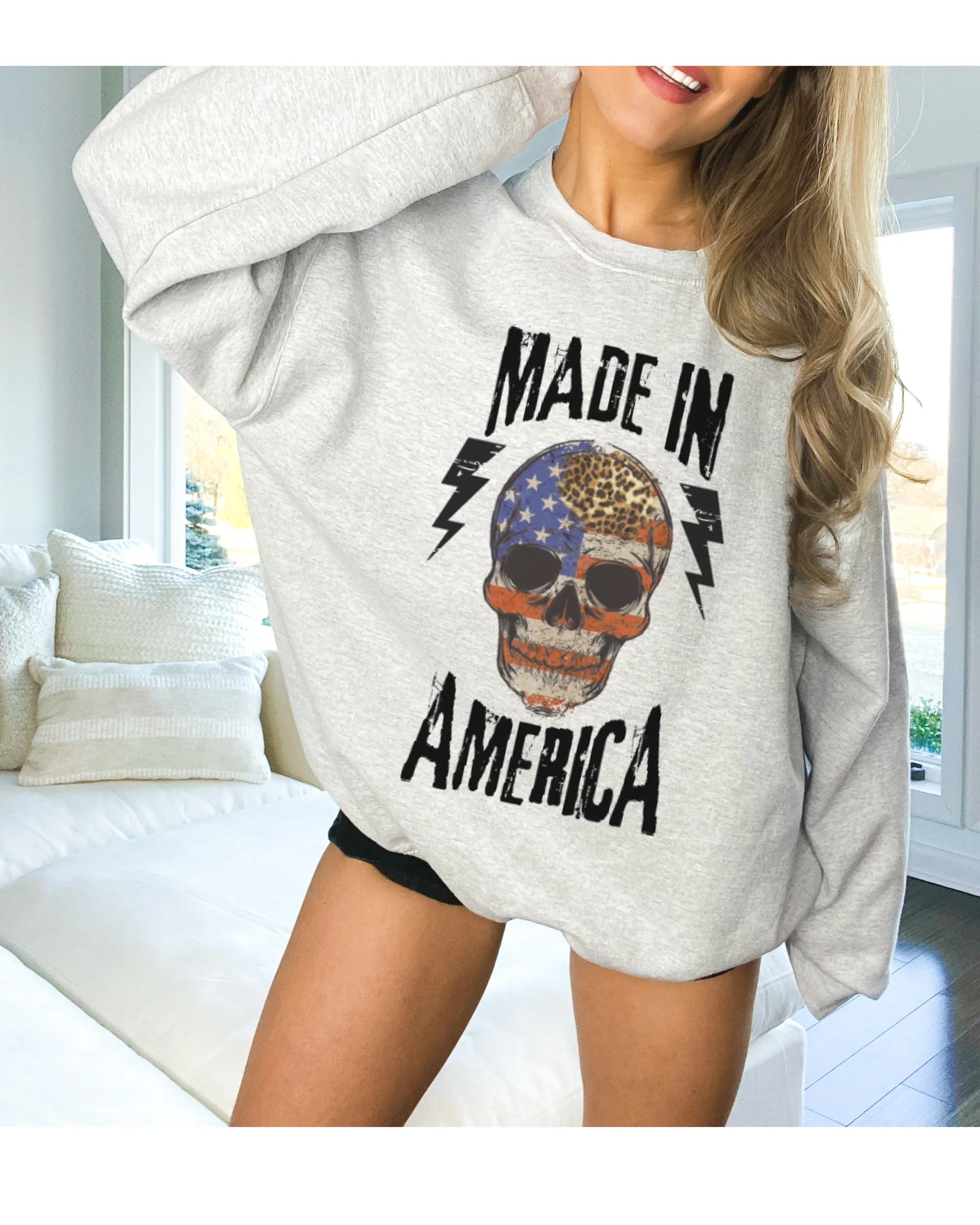 Made In America Women's Sweatshirt, Oversize 4th of July Patriotic Skeleton Pullover, Ash, Sand, Grey or White July Fourth