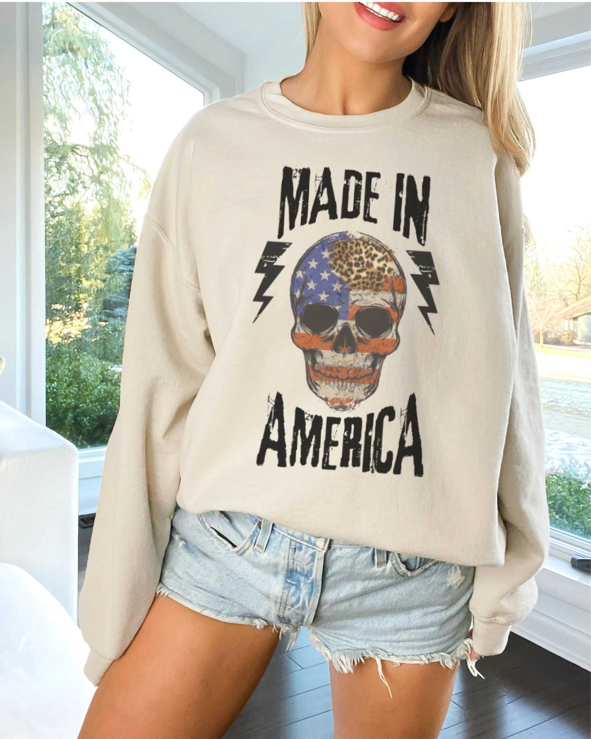 Made In America Women's Sweatshirt, Oversize 4th of July Patriotic Skeleton Pullover, Ash, Sand, Grey or White July Fourth