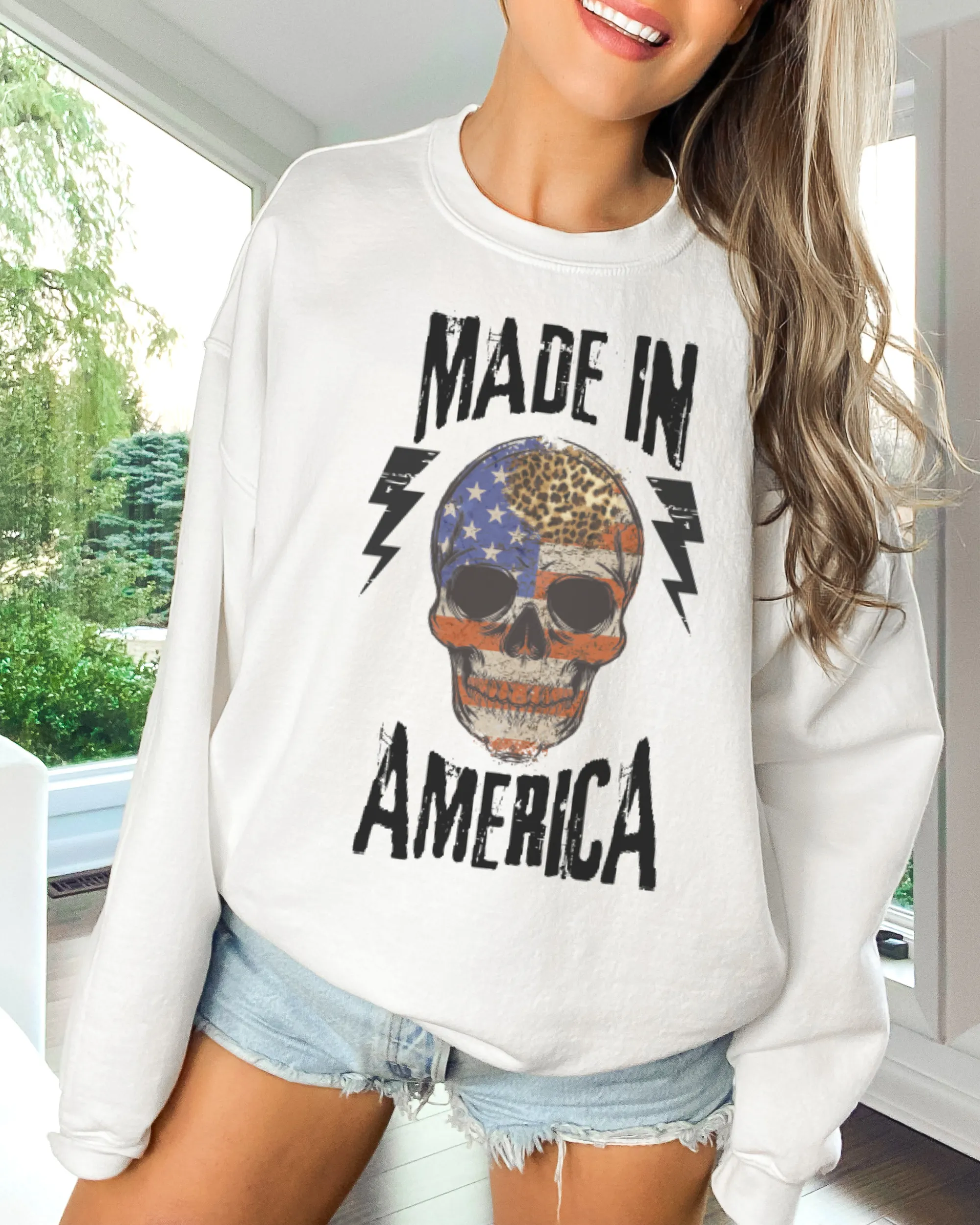 Made In America Women's Sweatshirt, Oversize 4th of July Patriotic Skeleton Pullover, Ash, Sand, Grey or White July Fourth