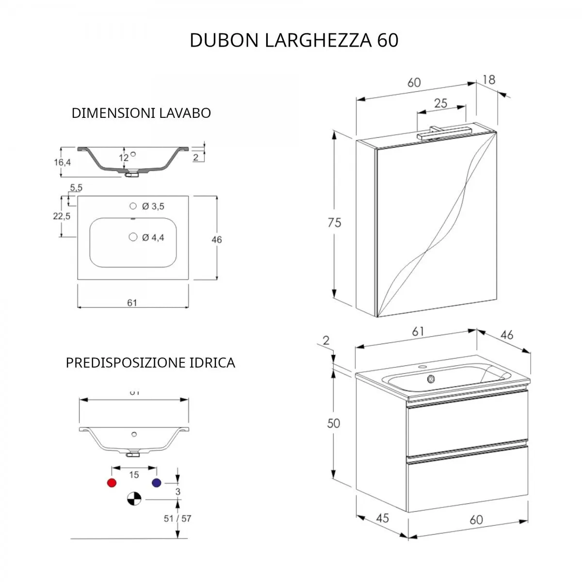 Mobile Bagno Sospeso 60cm Con Specchiera Bianco Opaco DUBON