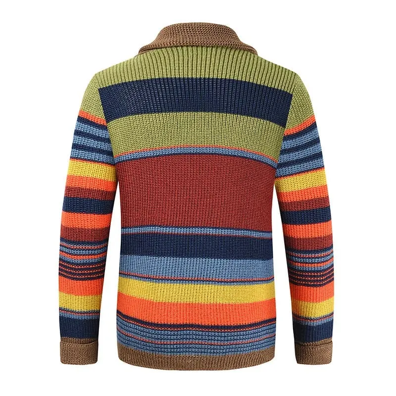 Multicolor Striped Knit Cardigan with Shawl Collar