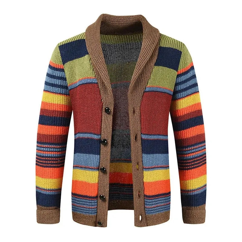 Multicolor Striped Knit Cardigan with Shawl Collar