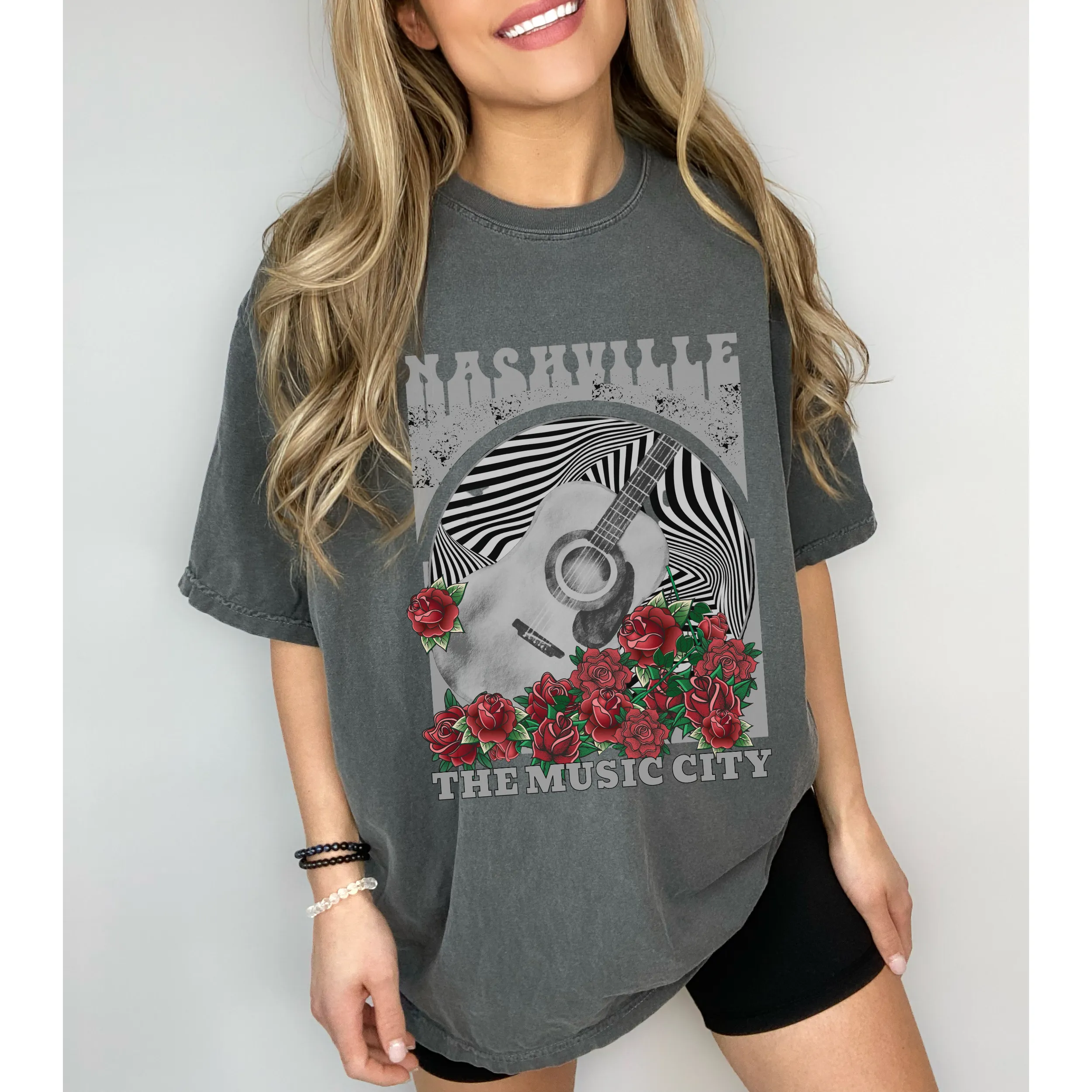 Nashville The Music City Comfort Colors® T-Shirt, Spring or Summer Tee, Gift for Mom, Retro-Inspired T-Shirt, Distressed Music Festival T-Shirt