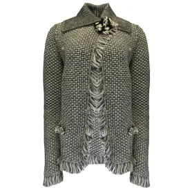 Oscar de la Renta Black / White Woven Tweed Cardigan Sweater